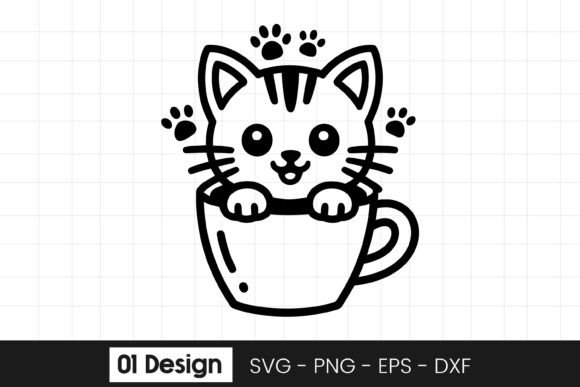 Cute Kitten in Cup Cartoon Design SVG PN