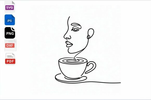 Line Art Coffee Cup Woman Face SVG PNG