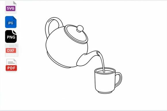 Teapot Pouring Tea into Cup Line Art SVG